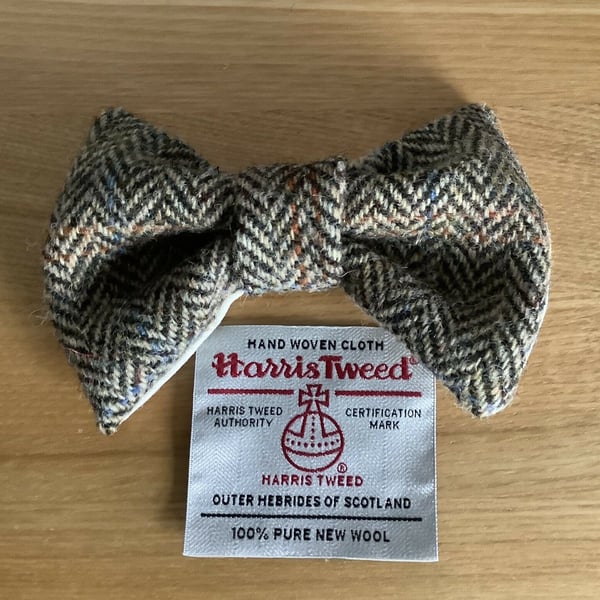 Harris Tweed Dog Bow Tie, Brown And Fawn Herringbone ,over the collar bow tie