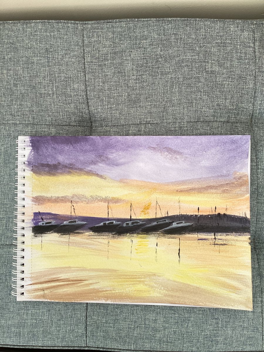 Boats lined up ,night sky watercolour painting 