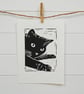 Black Cat Mousing - Original Hand Pulled Linocut Print - Image 2