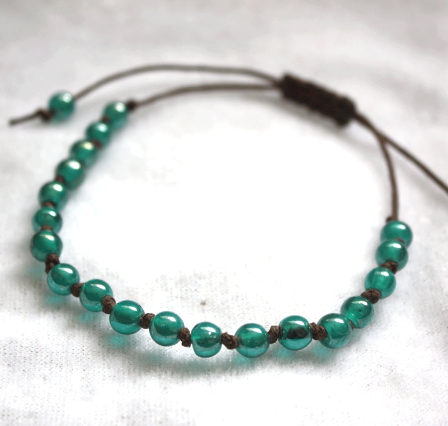 Aqua & Brown Macrame Style Bracelet (5mm Beads)