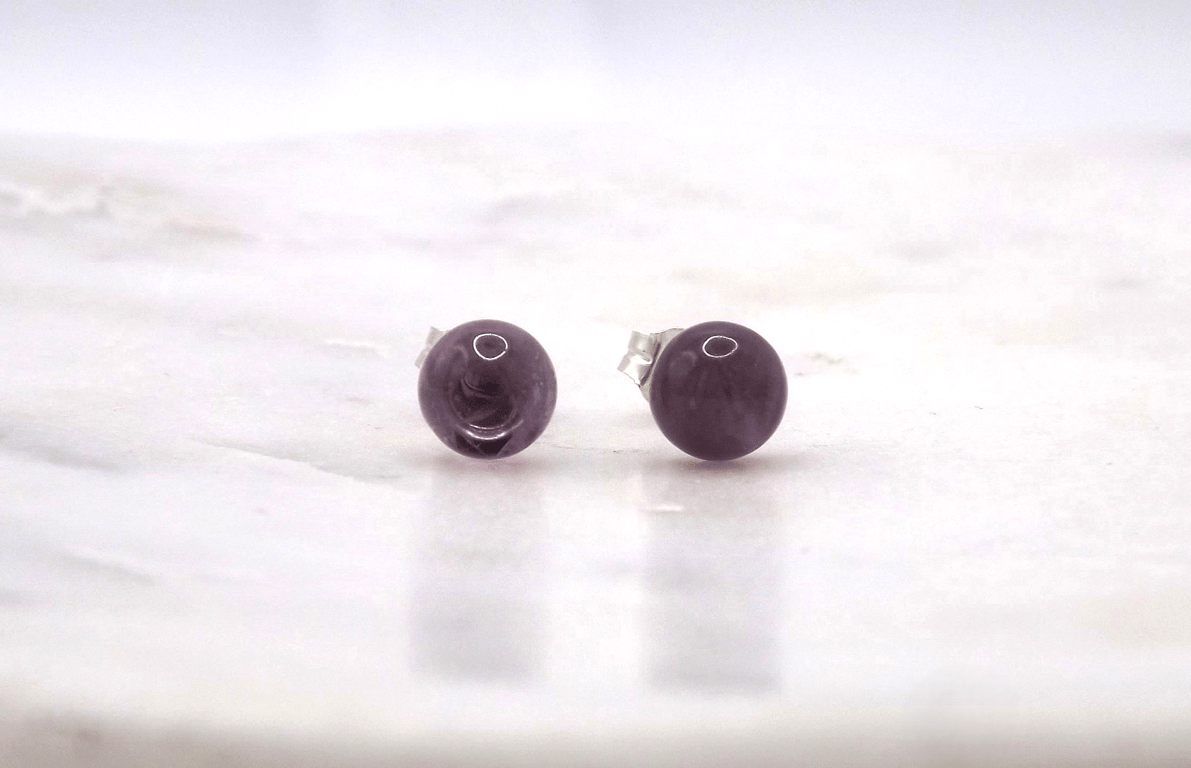 Amethyst Round Cabochon 6mm Gemstone Sterling Silver Stud Earrings.