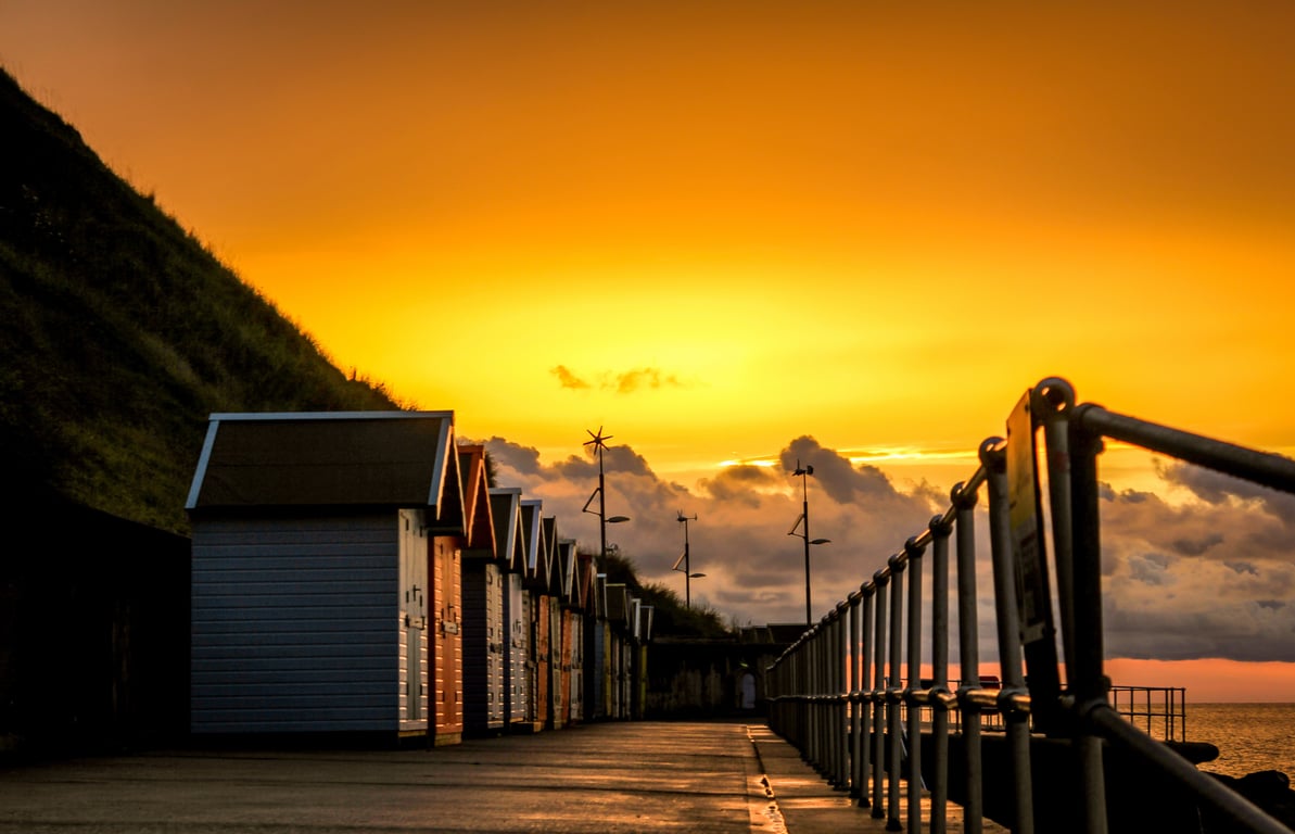 Coastal Photography - Beach Hut Sunset - Mounted Photograph