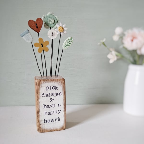Clay Flower and Button Garden in a Wood Block 'Pick Daisies'
