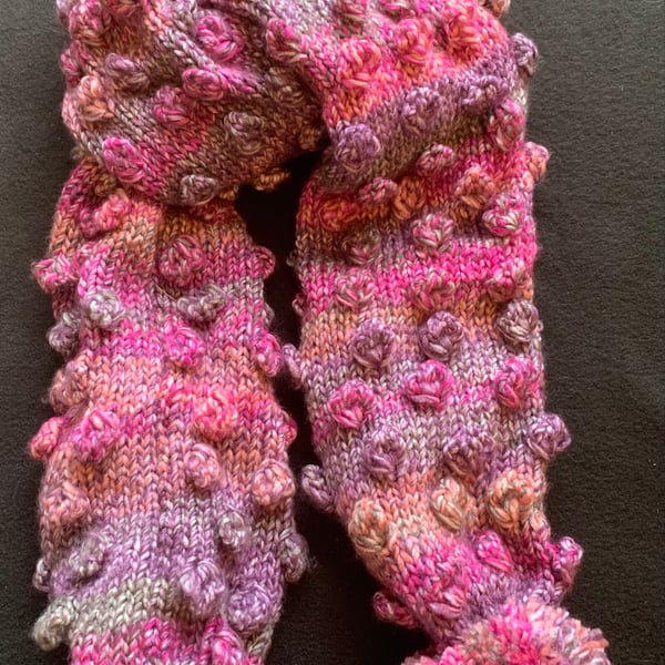 Hand Knitted Chunky Bobble Scarf in Pinks and Purples