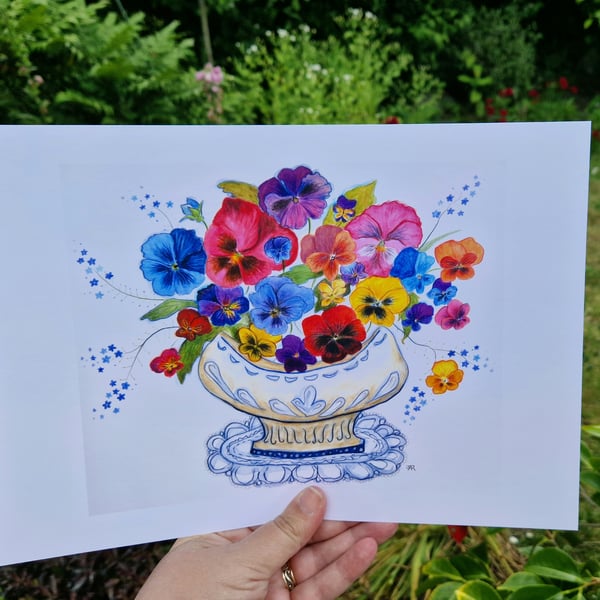 Bowl of Pansies,  print from original artwork. A3, A4, A5 available. 