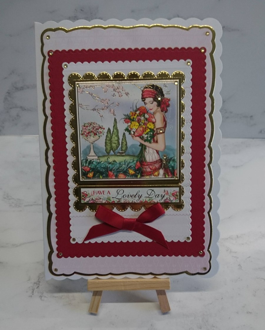Art Deco Birthday Card Lady in Red Have a Lovely Day Bouquet Flowers 3D Luxury