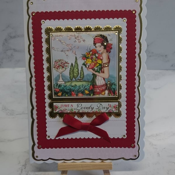 Art Deco Birthday Card Lady in Red Have a Lovely Day Bouquet Flowers 3D Luxury