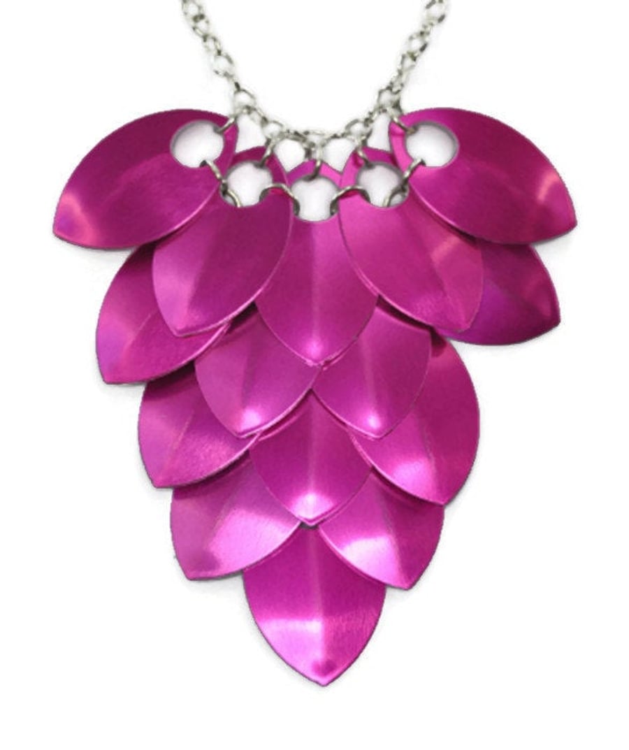 Pink Bib Necklace, Hot Pink Statement Necklace, Scale Maille Necklace