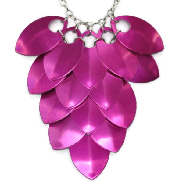 Pink Bib Necklace, Hot Pink Statement Necklace, Scale Maille Necklace