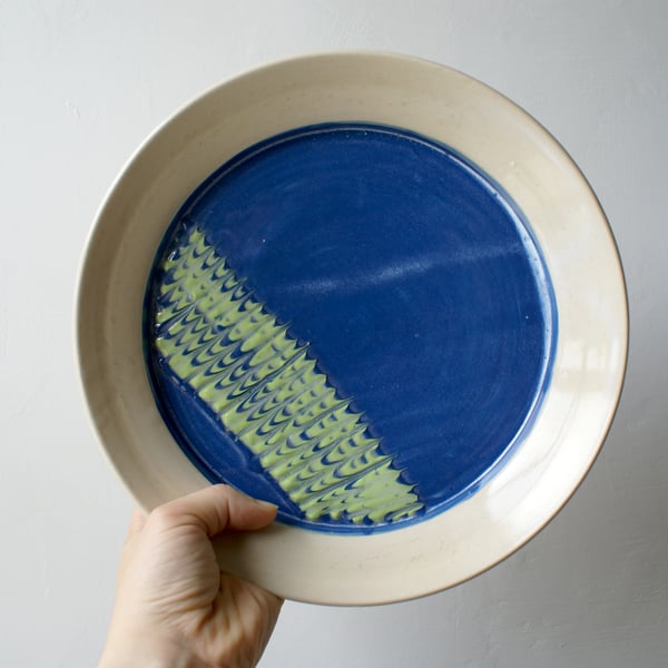 Sale - Feathered blue and green ceramic plate in simply clay