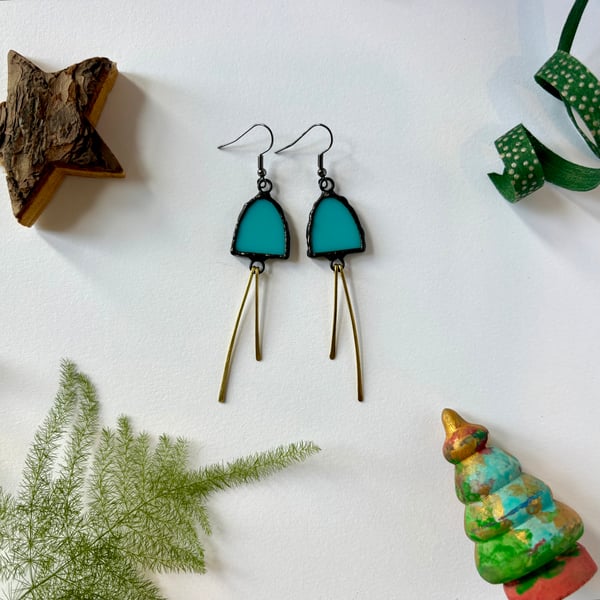 Statement Jewellery - blue stained glass earrings with hammered brass accents 