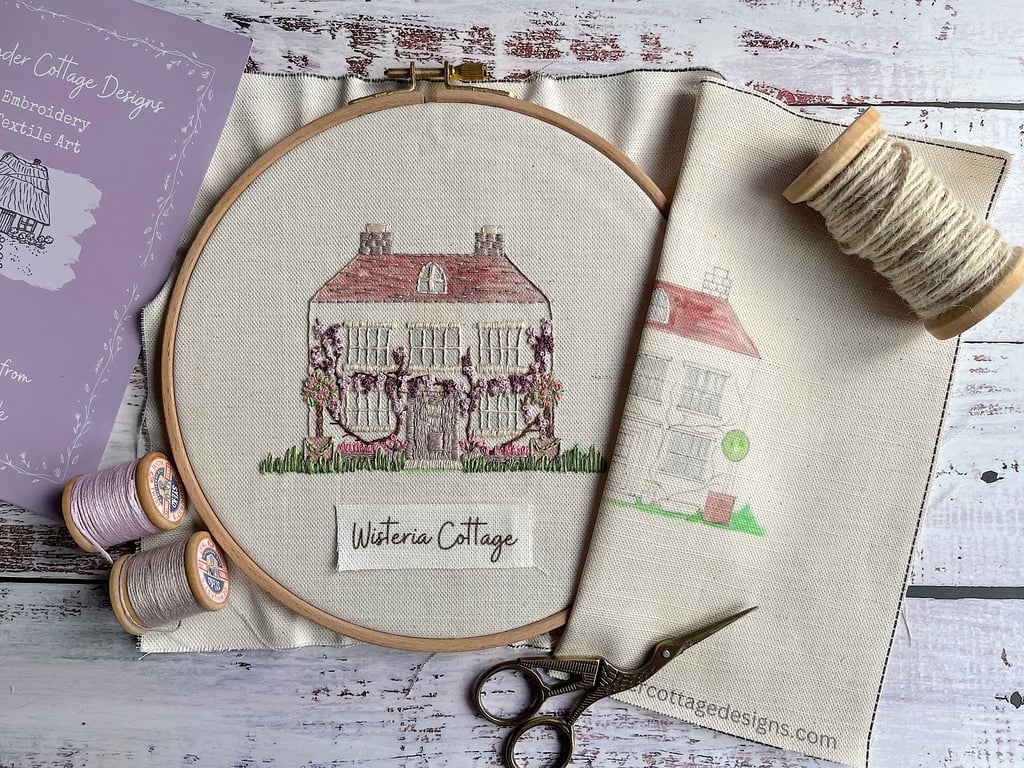 Wisteria Cottage Hand embroidery Panel Only