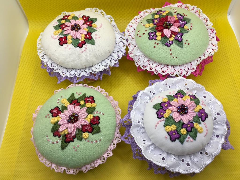 Pincushion and Paperweight. Embroidery, Lace and Beads. Hand-stitched by Jan