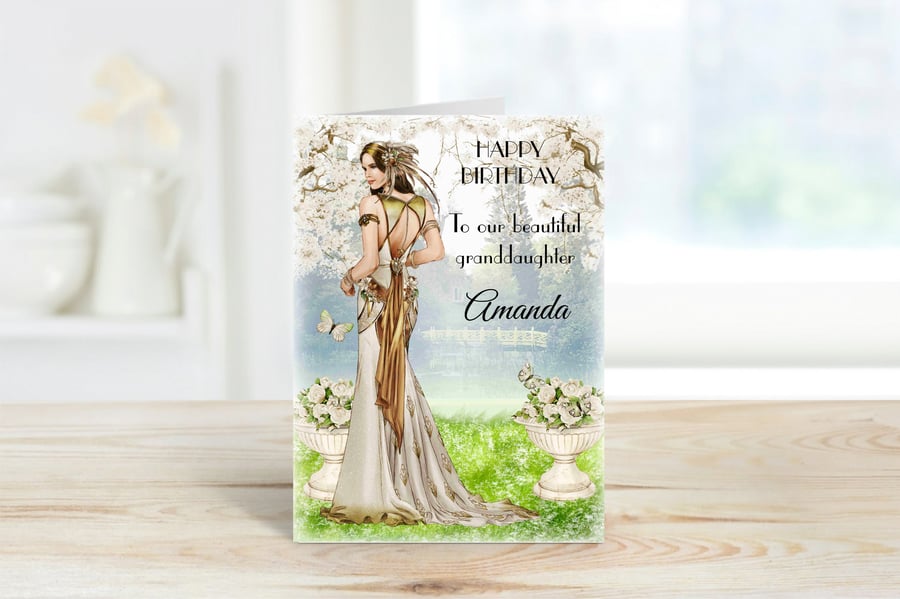 Personalised Art Deco Lady Greeting Card. Amanda. White & Gold Dress