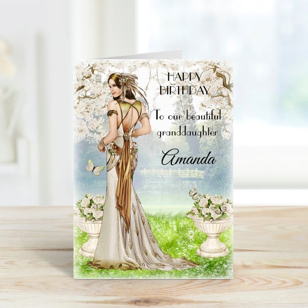 Personalised Art Deco Lady Greeting Card. Amanda. White & Gold Dress