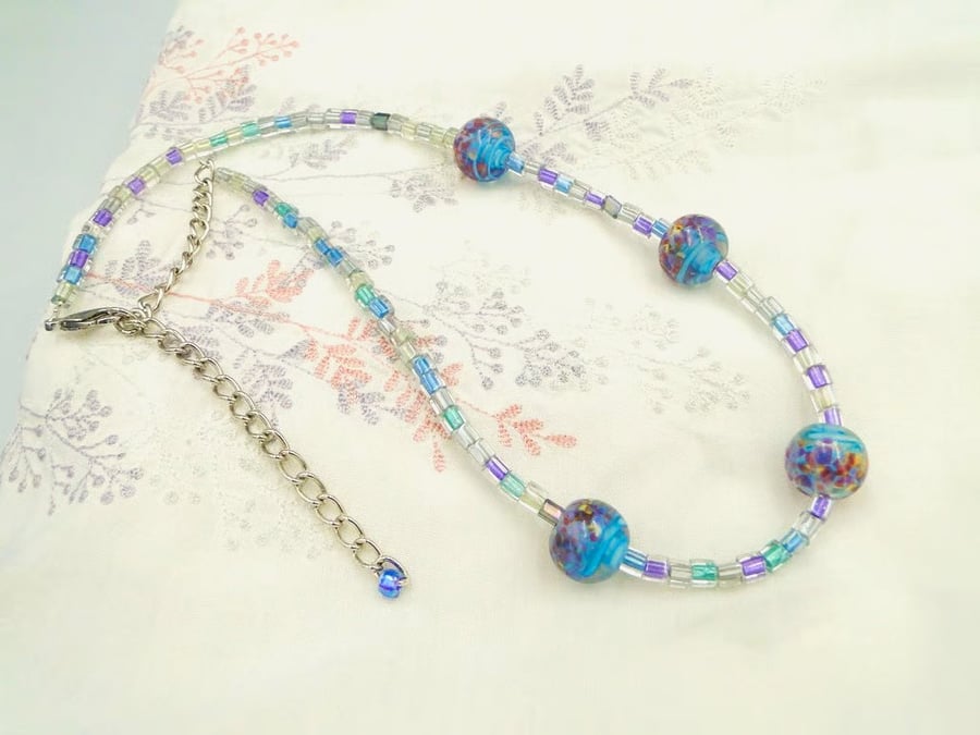 Summer Necklace with lilac blue purple handmade glass beads