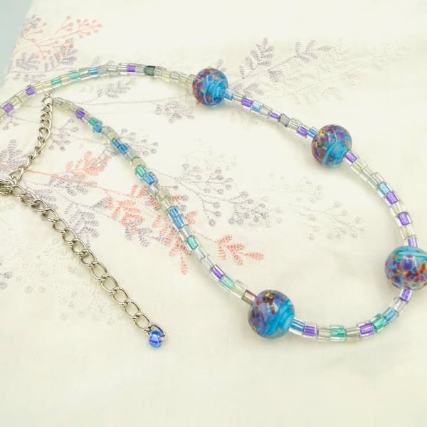 Summer Necklace with lilac blue purple handmade glass beads