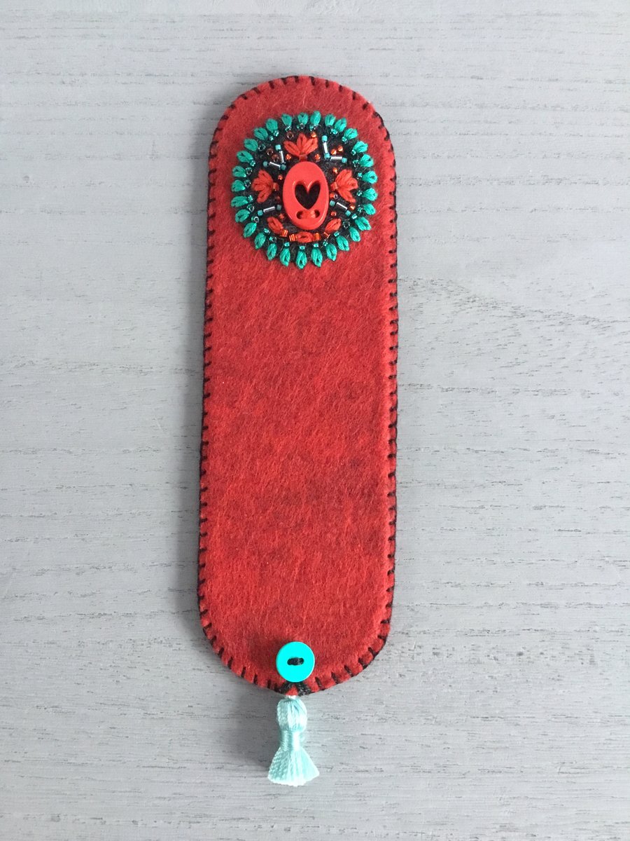 Hand Embroidered Red Heart Bookmark 