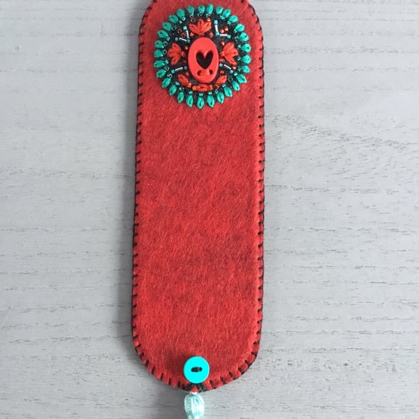 Hand Embroidered Red Heart Bookmark 