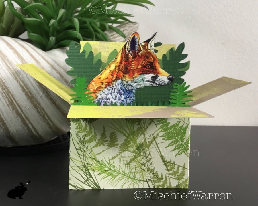 Red Fox 3D Box Card. Blank or personalised for any occasion. Gift card holder.