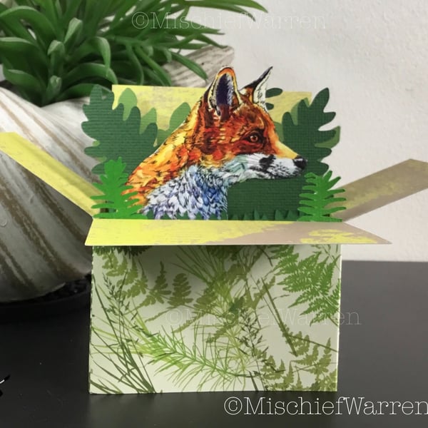 Red Fox 3D Box Card. Blank or personalised for any occasion. Gift card holder.