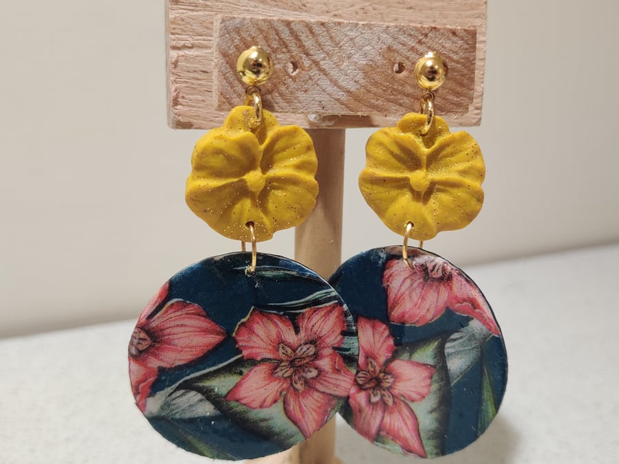 Tropical flower circle polymer clay earrings