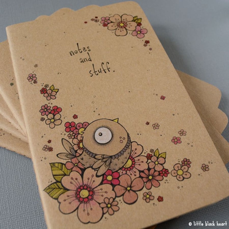 pocket notebook with original illustration - cherry blossom bird