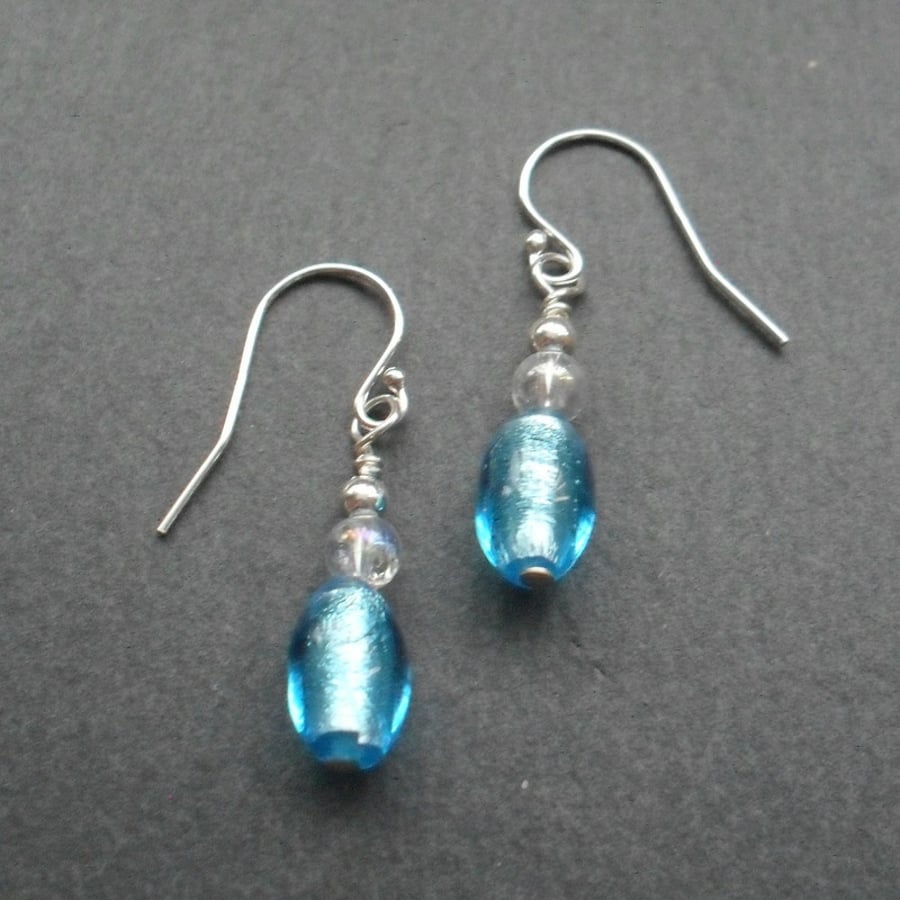 Aqua Blue Murano Glass Sterling Silver Drop Earrings
