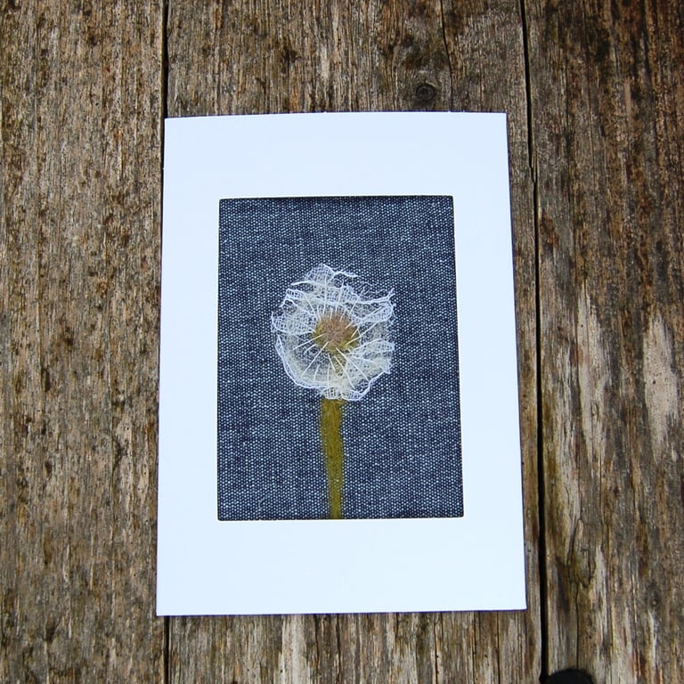 Dandelion seedhead handmade card - lace, needle felted and hand embroidered  