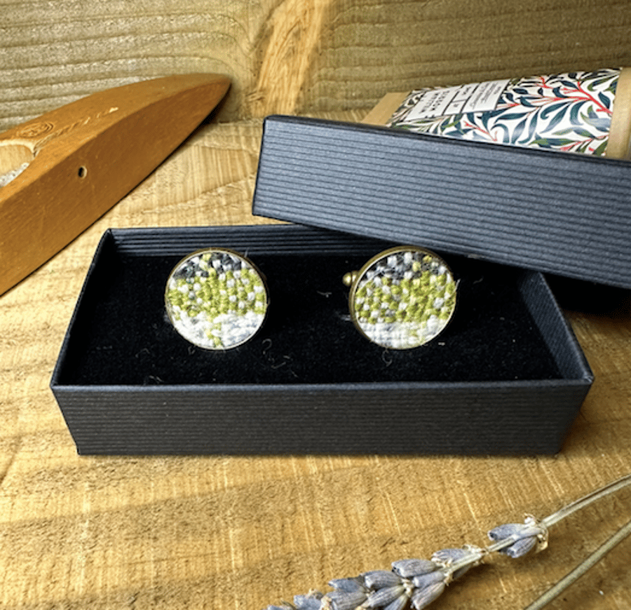Handmade British Wool Fabric Cufflinks Winter Falls Plaid on Antique Gold