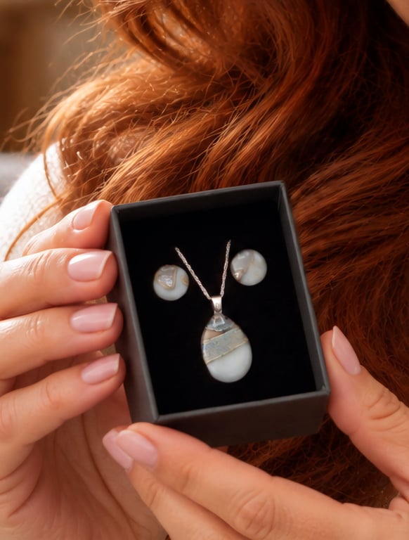 French Vanilla Silver Leaf Fused Glass Stud Earrings and Pendant Set