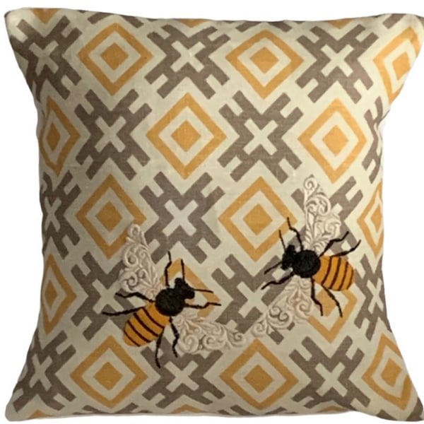 Scroll Winged Bee Embroidered Cushion Cover 12”x12”Last One