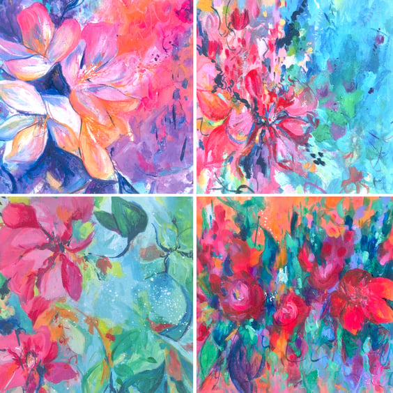 Pack of 4 Colourful Floral Greetings Cards Blank 