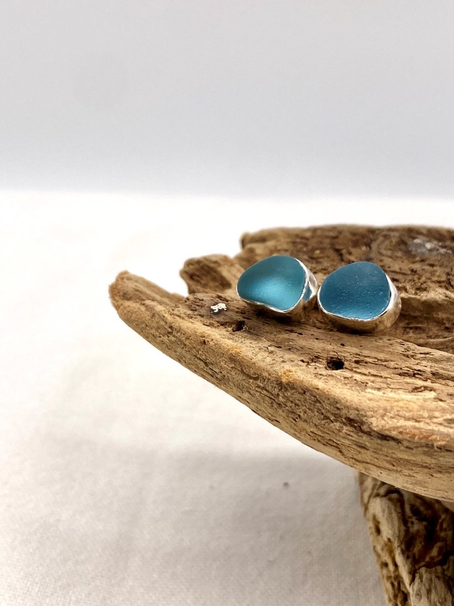 Large Blue Sea Glass Stud Earrings