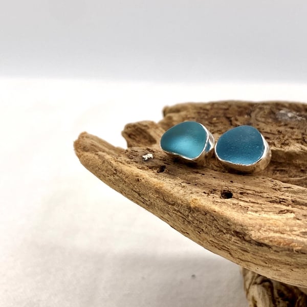 Large Blue Sea Glass Stud Earrings