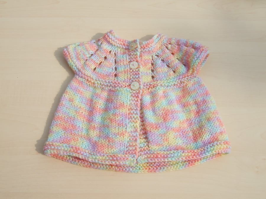 Baby sleeveless cardigan hand knitted in pastel mixture yarn - newborn