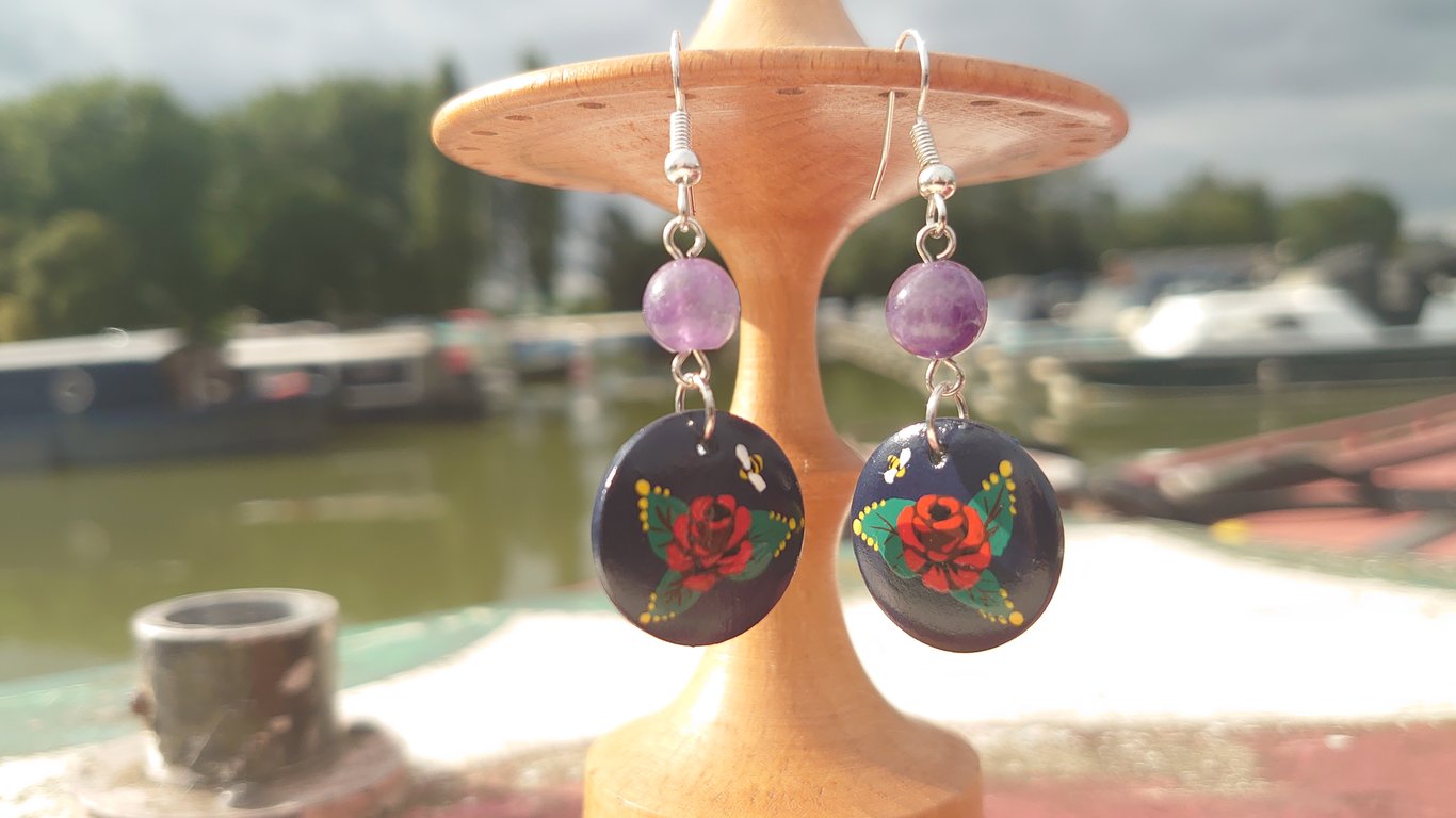 Rose and castle handpainted earrings 