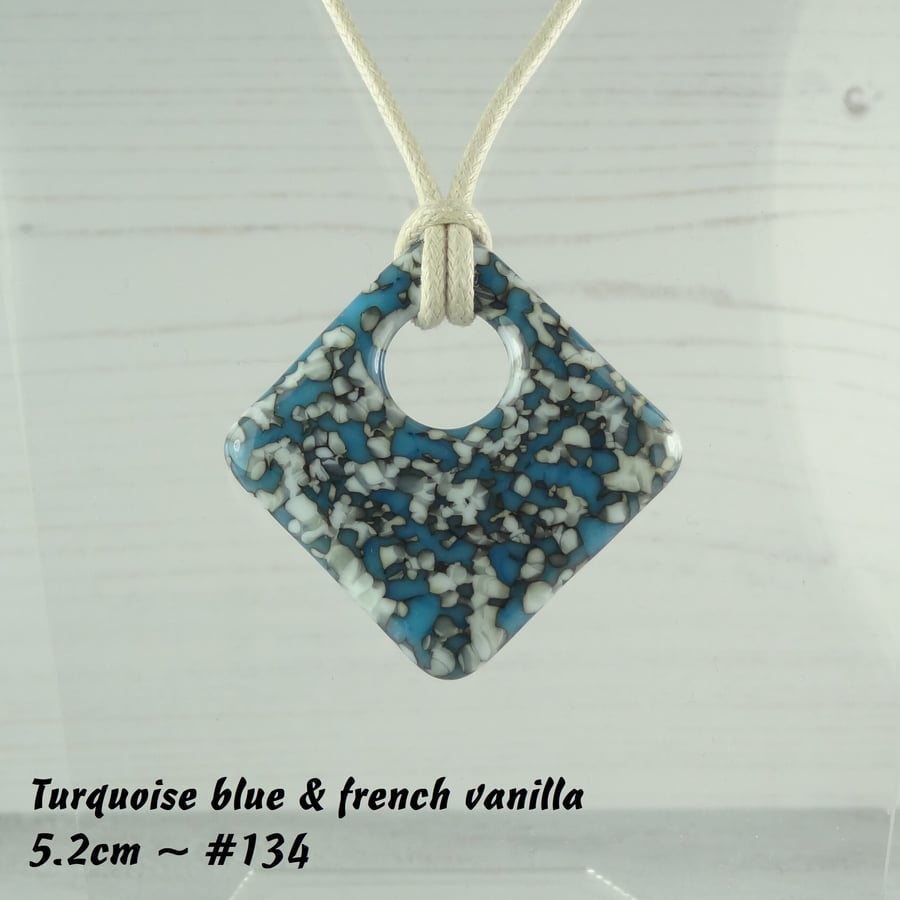 Turquoise cream fused glass pendant, rhombus, diamond shaped, cotton cord (134)