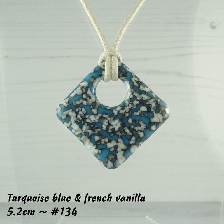 Turquoise cream fused glass pendant, rhombus, diamond shaped, cotton cord (134)