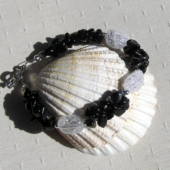 Black Onyx & Crackled Clear Quartz Crystal Gemstone Bracelet "Eclipse Dew"