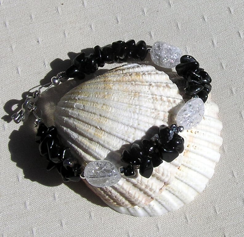 Black Onyx & Crackled Clear Quartz Crystal Gemstone Bracelet "Eclipse Dew"