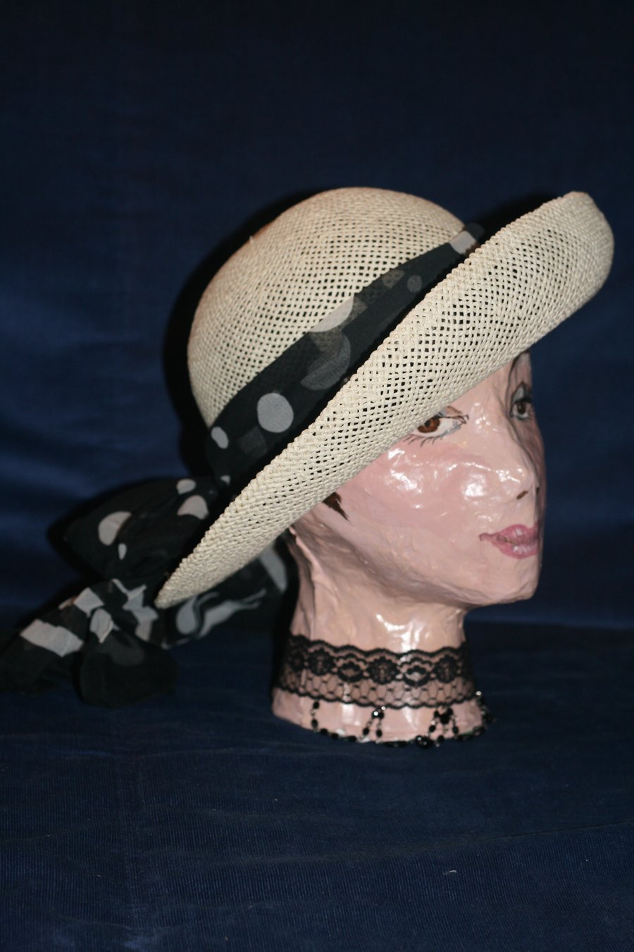 Straw Hat with Polka Dot Scarf and Felt Roses