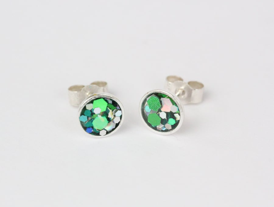 Green sparkle glitter studs sterling silver earrings