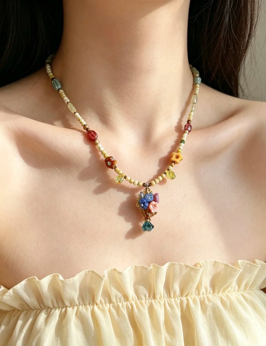 Vintage-Inspired Floral Vase Pendant and Multicolour Beaded Necklace