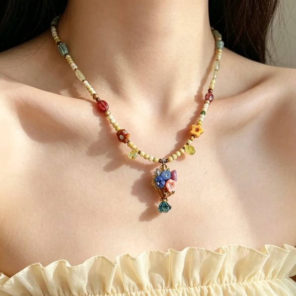 Vintage-Inspired Floral Vase Pendant and Multicolour Beaded Necklace