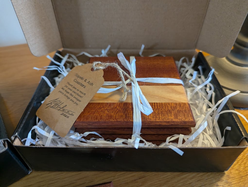 Handmade wooden coasters. Sapele & Ash, gift boxed. 