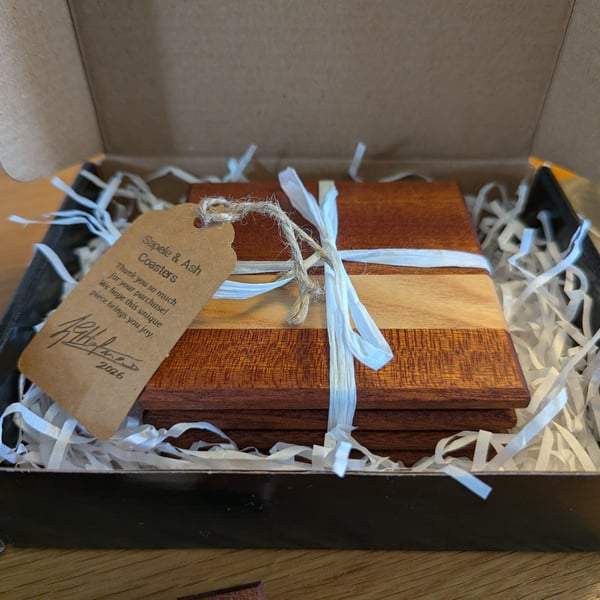 Handmade wooden coasters. Sapele & Ash, gift boxed. 