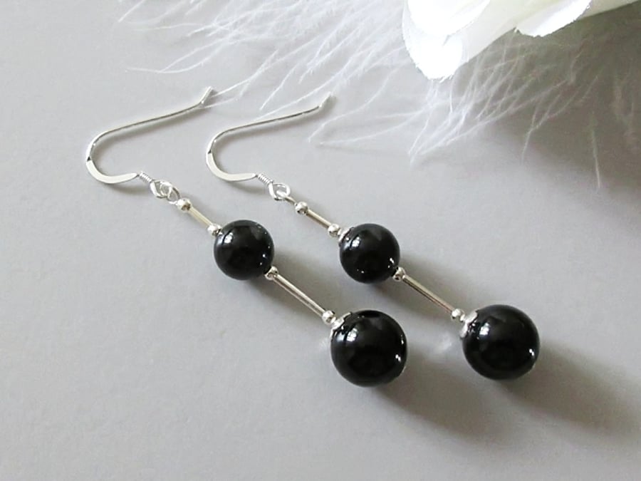 Chunky Black Onyx Long Earrings With Sterling Silver Tubes