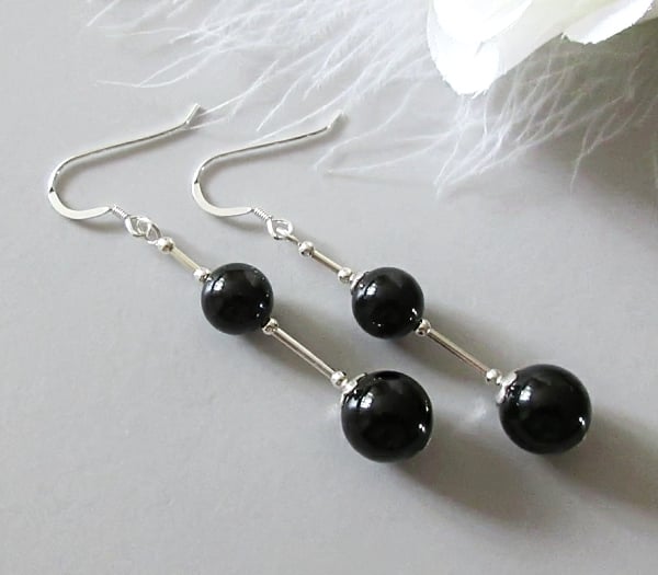 Chunky Black Onyx Long Earrings With Sterling Silver Tubes