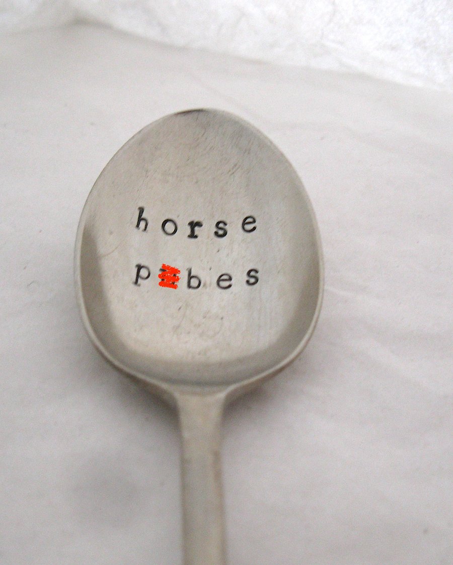 Horse p-bes, silly rude handstamped vintage teaspoon